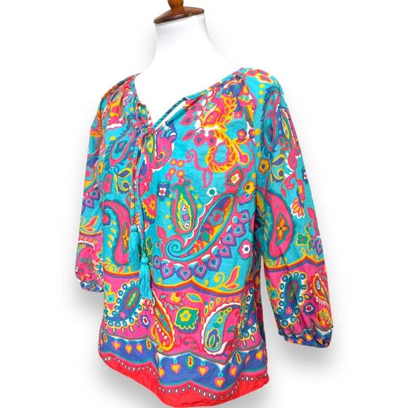 🍀Talbots Colorful Paisley Cotton Blouse Tassel Neck Boho Lightweight Size Small - Picture 5 of 7